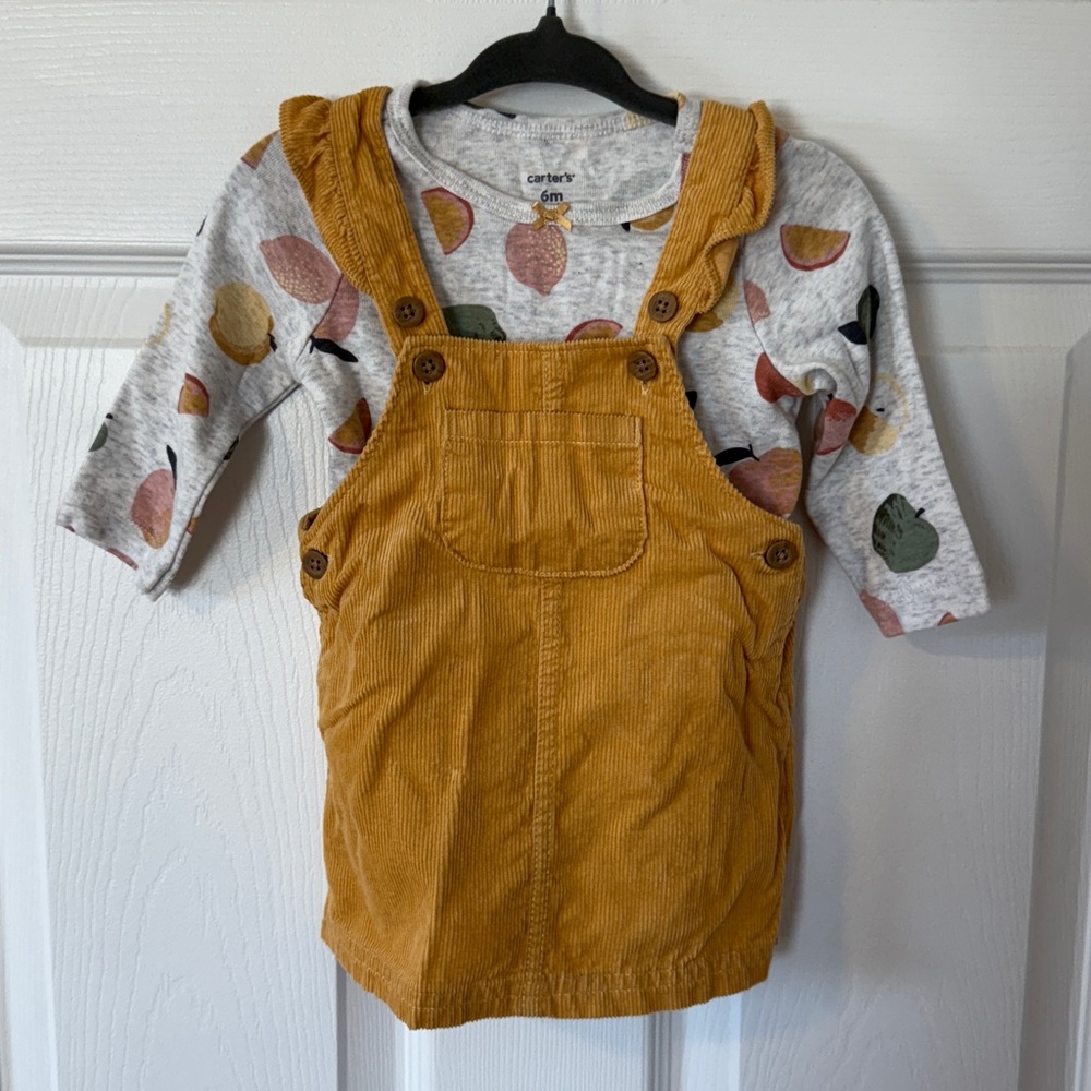 Carter's 3 pc set, apple print shirt with corduroy overall skirt, 6 mo